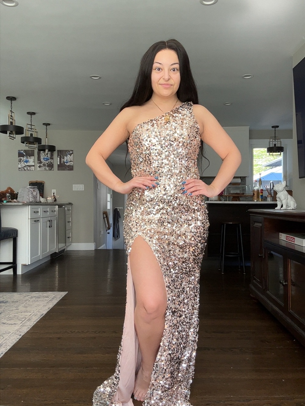 One-Shoulder Rose Gold Sequin Gown with Side Slit